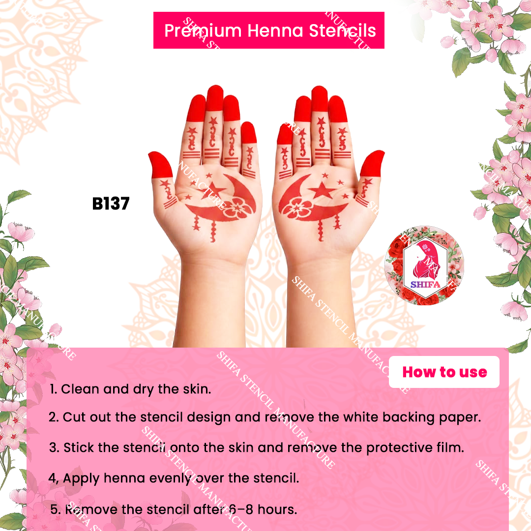 B137 (age 5 to 10) Starblossom Crescent Charm double hand Henna Stencil